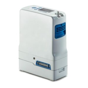 The Inogen Rove 4 System 8 Cell North America is a compact, portable oxygen concentrator with a white and blue body, display screen, control buttons, and air vent—designed for personal respiratory use.
